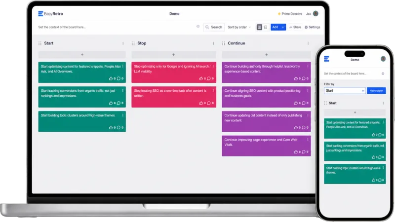 EasyRetro retrospective board shown on desktop and mobile