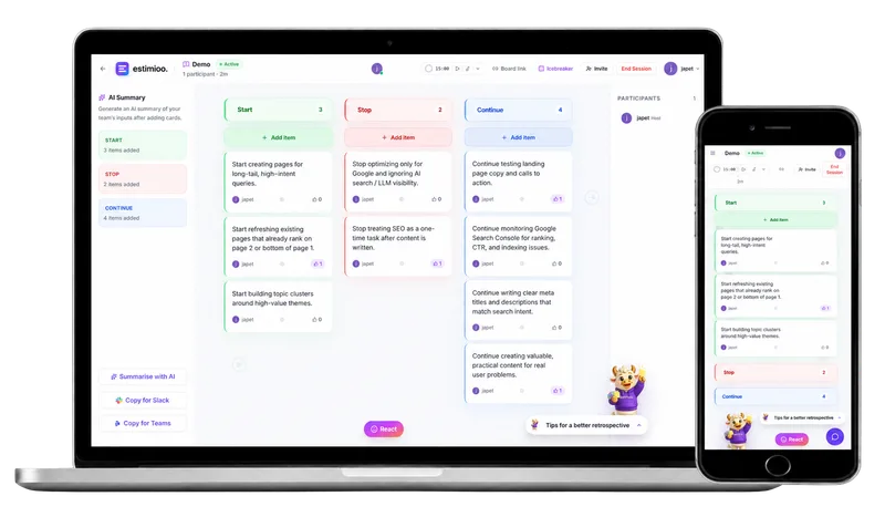 Estimioo retrospective board shown on desktop and mobile