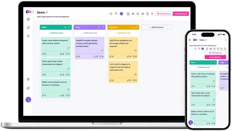 GoRetro retrospective board shown on desktop and mobile