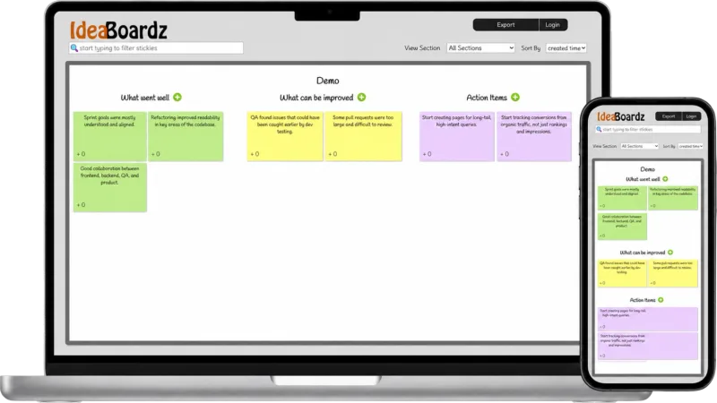 IdeaBoardz retrospective board shown on desktop and mobile