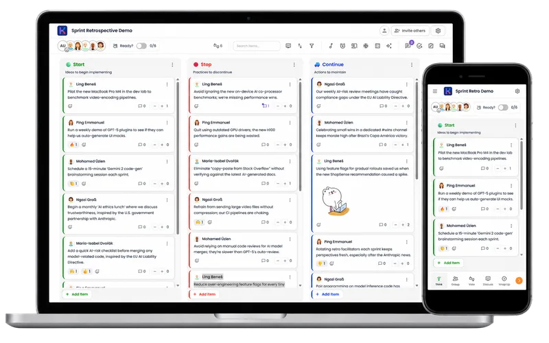 Kollabe retrospective board shown on desktop and mobile