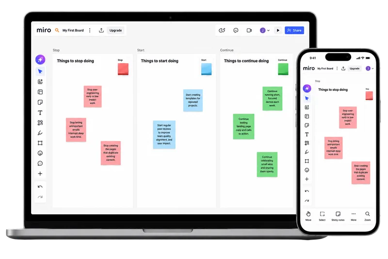 Miro retrospective board shown on desktop and mobile