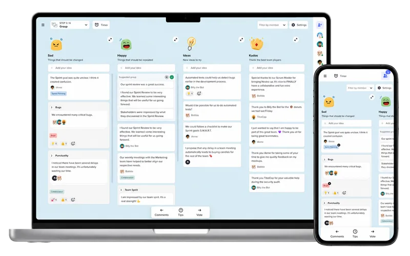 Neatro retrospective board shown on desktop and mobile