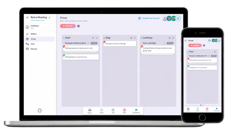 Parabol retrospective board shown on desktop and mobile