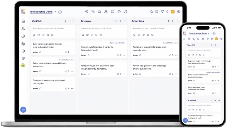 Reetro retrospective board shown on desktop and mobile