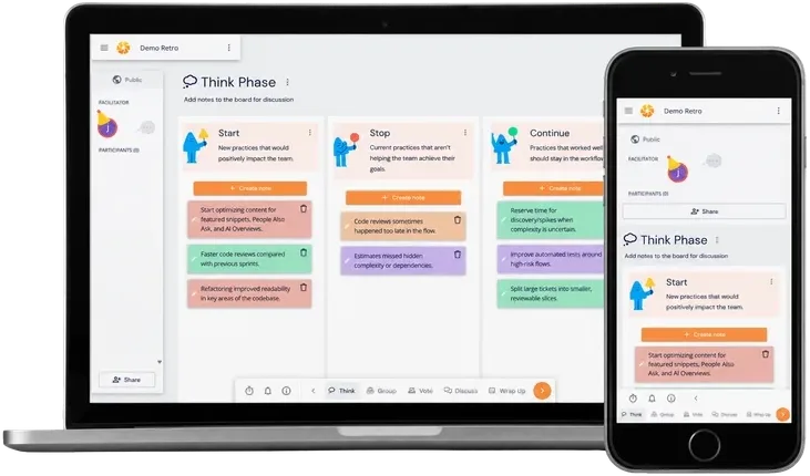 Retrium retrospective board shown on desktop and mobile