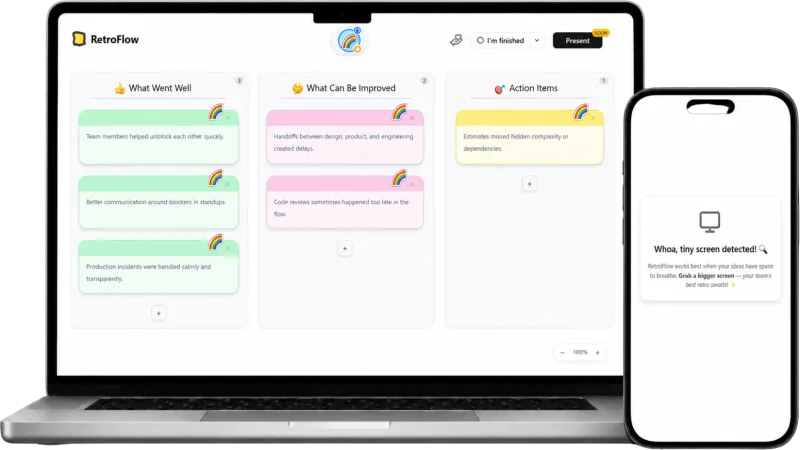 RetroFlow retrospective board shown on desktop and mobile