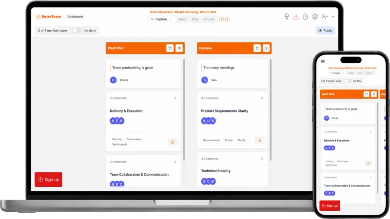 RetroTeam retrospective board shown on desktop and mobile