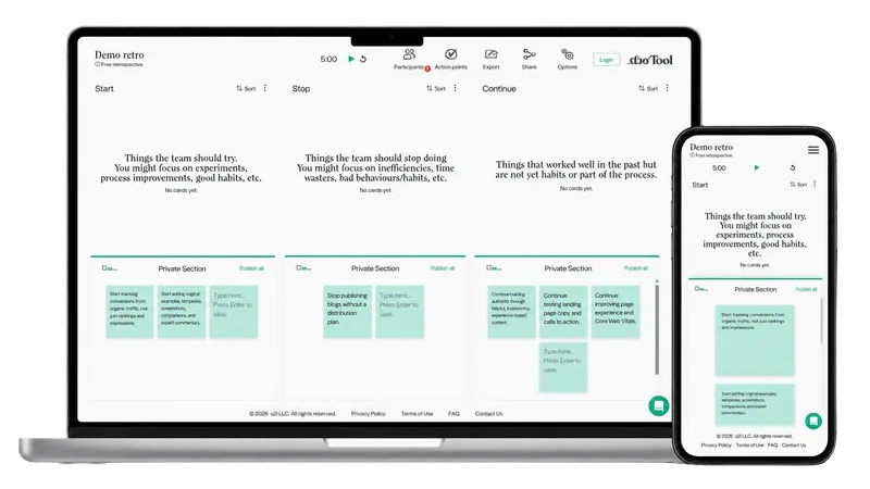 RetroTool retrospective board shown on desktop and mobile