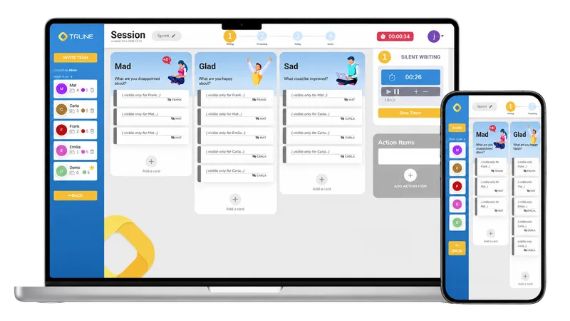 Trune.io retrospective board shown on desktop and mobile